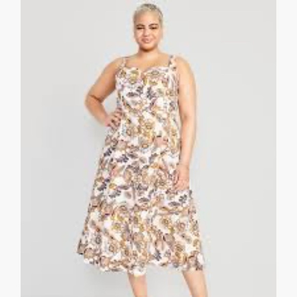 Old Navy Linen Blend Cami Smocked Floral Midi Dress Women’s XXL Boho Travel - Picture 1 of 10